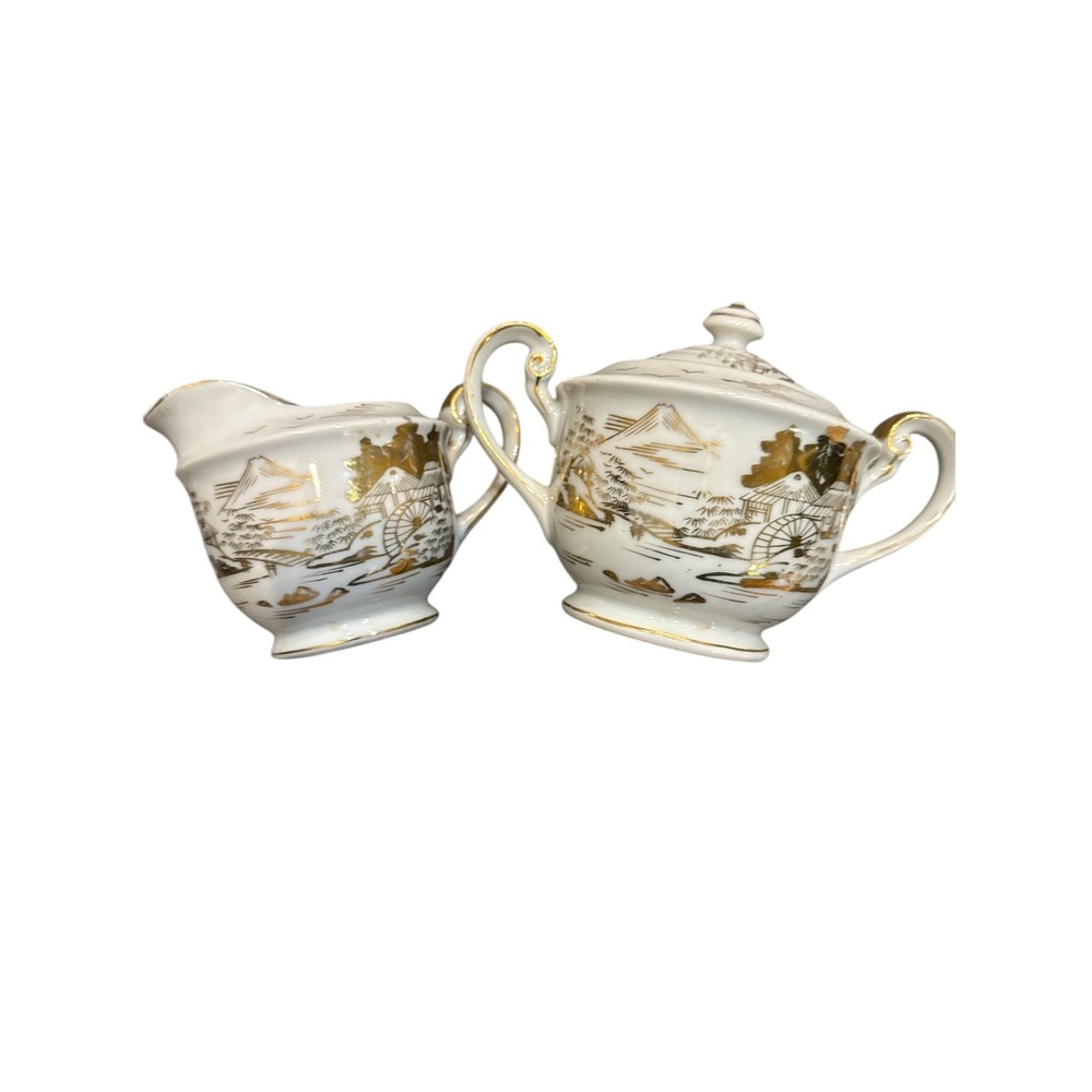 VTG Rare Kutani Sugar & Creamer Set White & Gold Mt. Fugi Village Scene